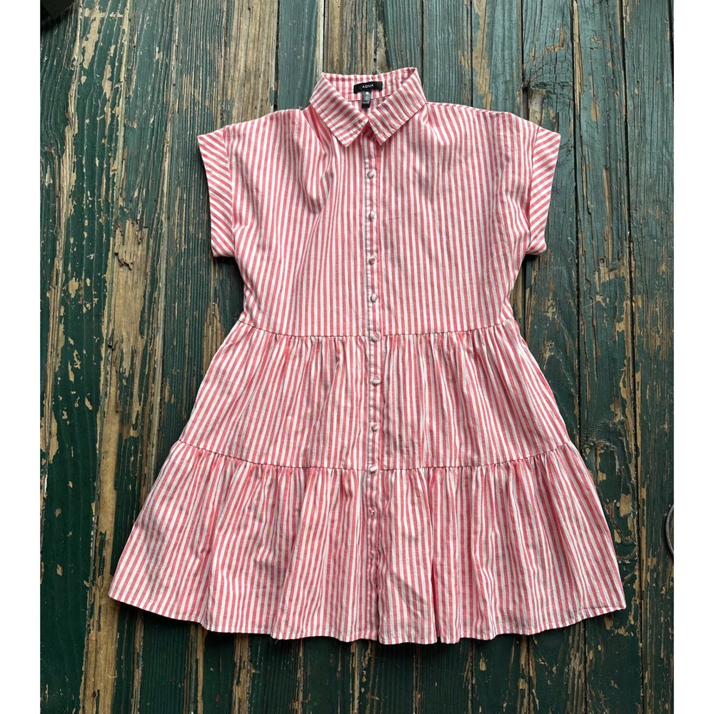 Aqua Red White Striped Button Down Tiered Mini Dress Small Short Sleeve